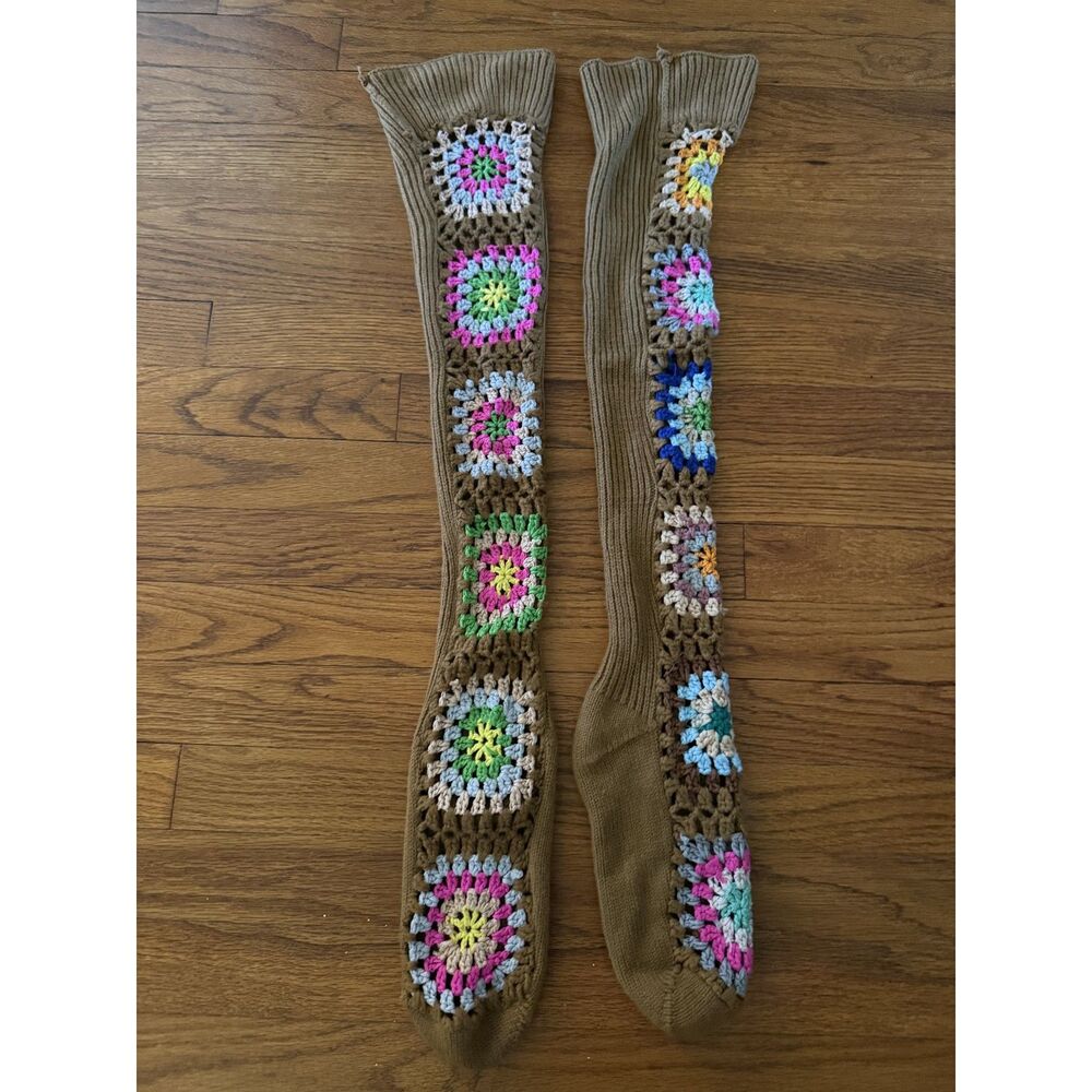 Boho Crochet Granny Square Over the Knee Knit Socks